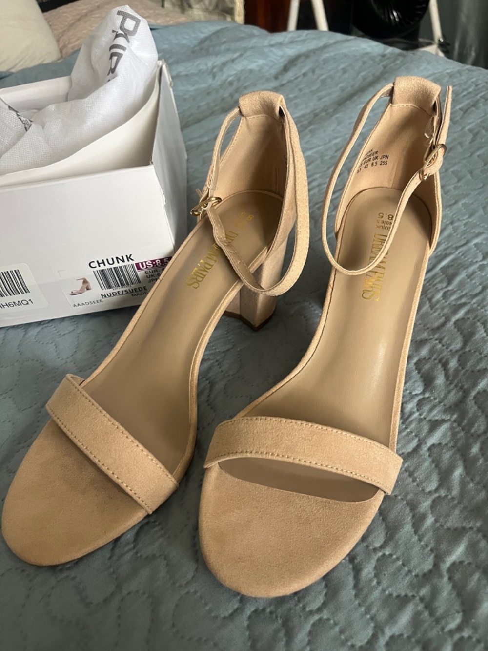 Chunks Beige Suede Ankle-Strap Block Heels